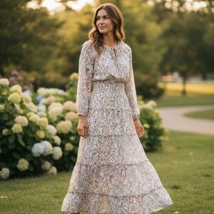 XS Cotton Udel NY Smocked Waist Dress Floral Print Tiered Long Sleeve Lined